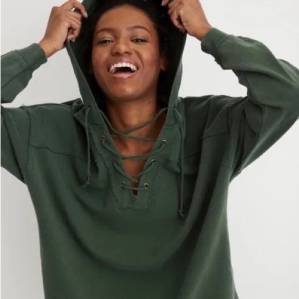 Dark green lace up front hooded sweatshirt